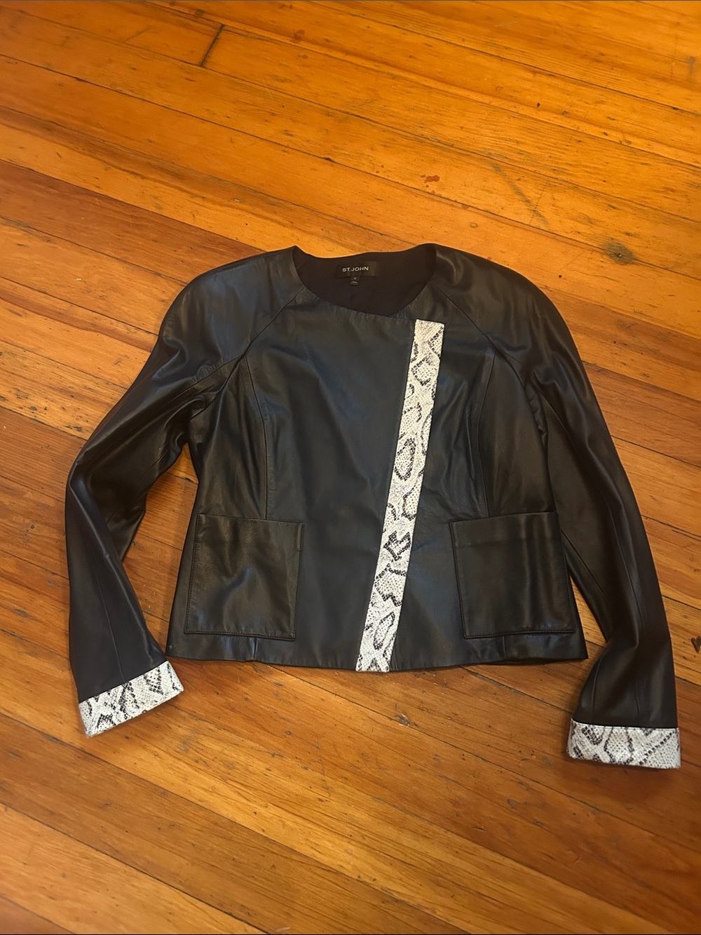 St. John Black Leather Jacket with Snake-Print Accents size 10